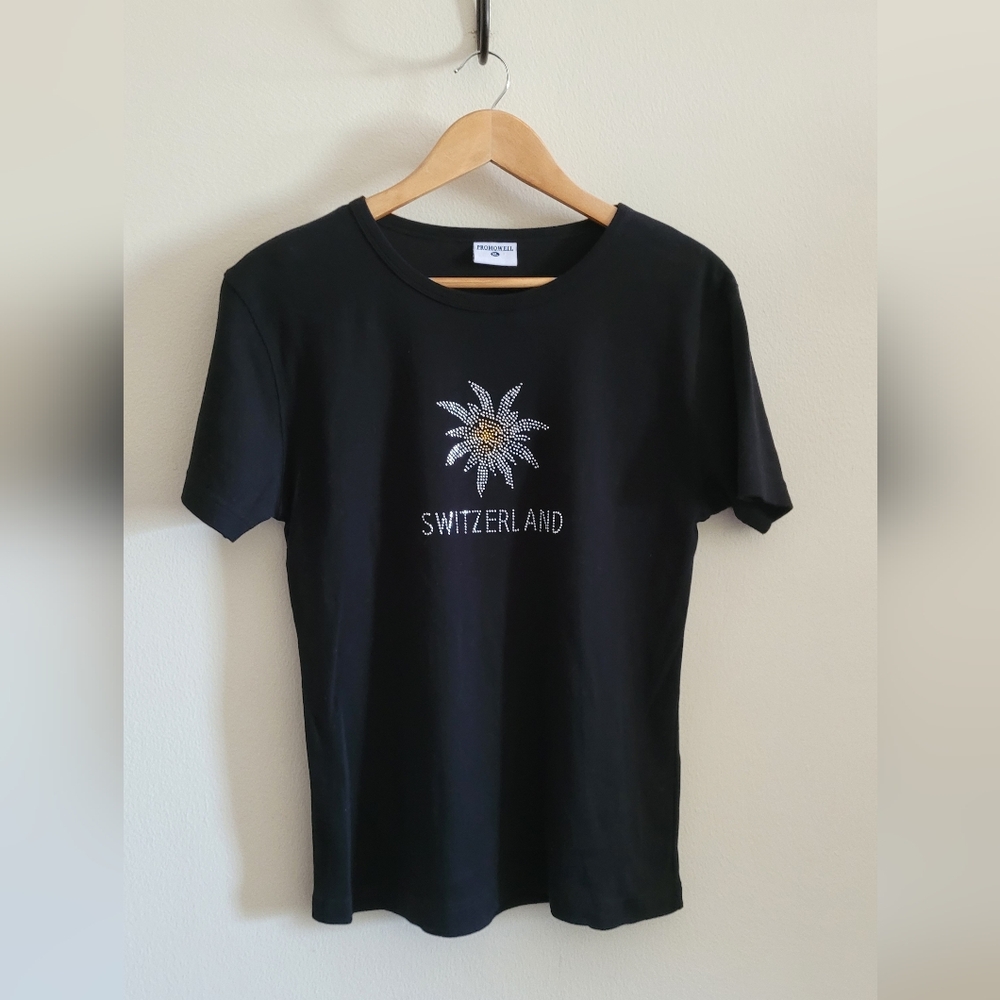 Promoweil "Switzerland" Metallic Bedazzled Fitted Tee, Women's XL, Black